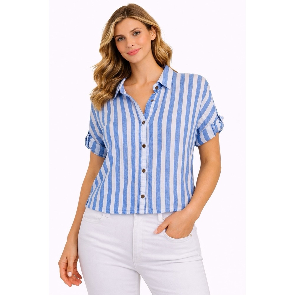 Sonoma Blue White Stripe Linen Blend Boxy Button Up Shirt Size XXL Beachy Casual